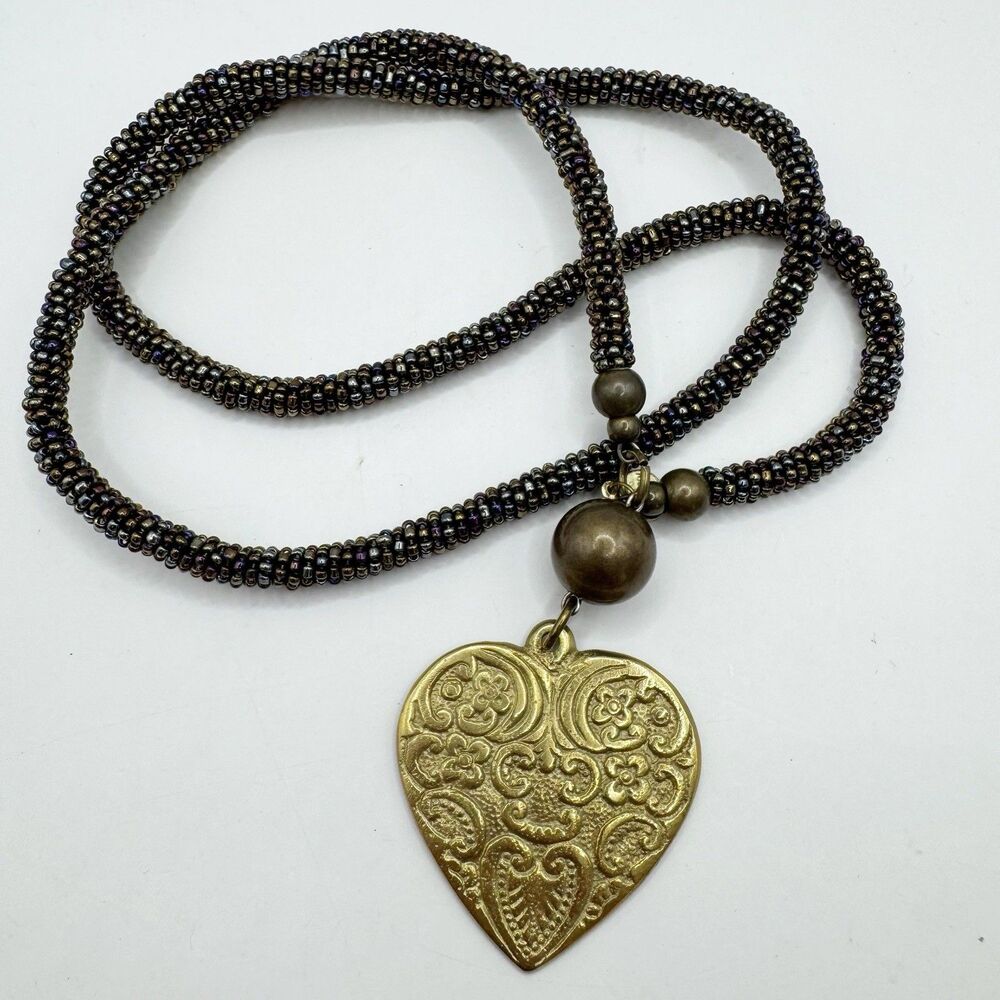 Vintage Suku Chunky Gold Tone Heart Long Necklace Boho Unique Bohemian